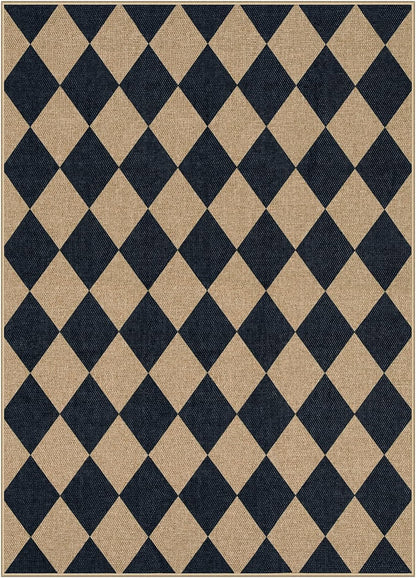 Lahome Checkered Easy Jute 5 x 7 Area Rug, Washable Indoor Outdoor Patio Rug, Low-Pile Non-Slip Geometric Diamond Carpet for Living Room, Dining Room, Backyard & Deck, Black/Charcoal