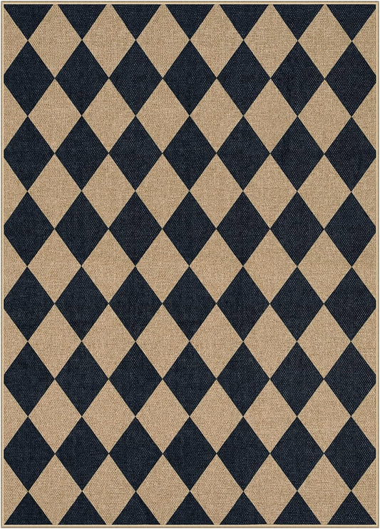 Lahome Checkered Easy Jute 5 x 7 Area Rug, Washable Indoor Outdoor Patio Rug, Low-Pile Non-Slip Geometric Diamond Carpet for Living Room, Dining Room, Backyard & Deck, Black/Charcoal