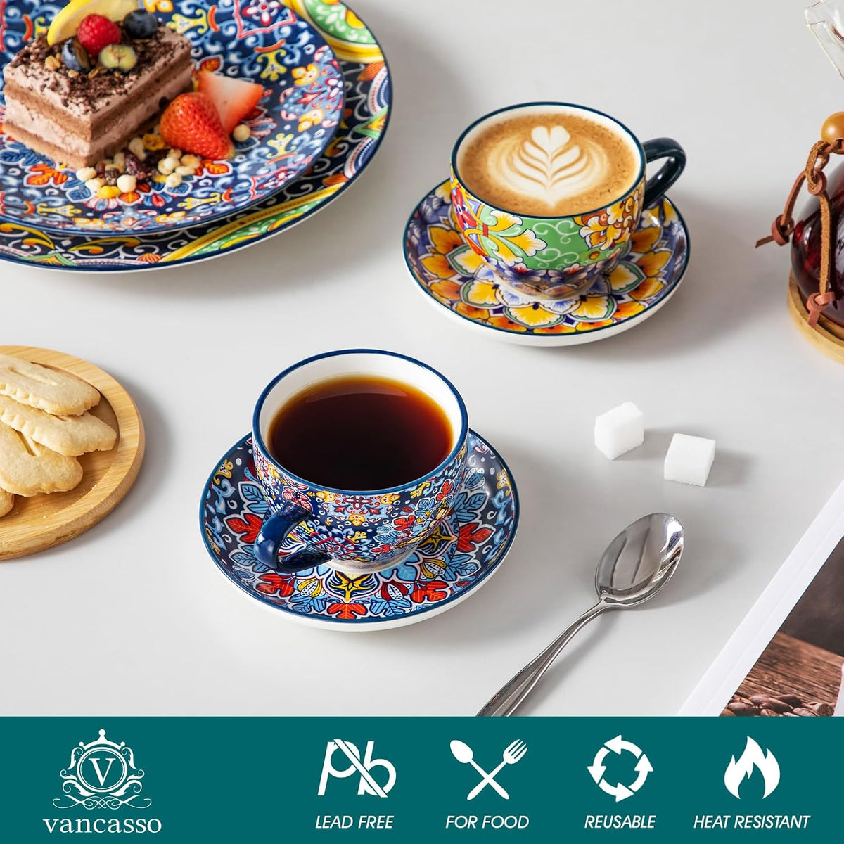 vancasso 8 Oz Cappuccino Cups, Porcelain Tea Cups and Saucers Set of 6 Bohemian Cappuccino Mugs,Perfect for Latte, Tea and Espresso, Microwave and Dishwasher Safe,Lead-Free and Non-Toxic