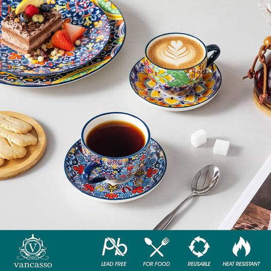 vancasso 8 Oz Cappuccino Cups, Porcelain Tea Cups and Saucers Set of 6 Bohemian Cappuccino Mugs,Perfect for Latte, Tea and Espresso, Microwave and Dishwasher Safe,Lead-Free and Non-Toxic