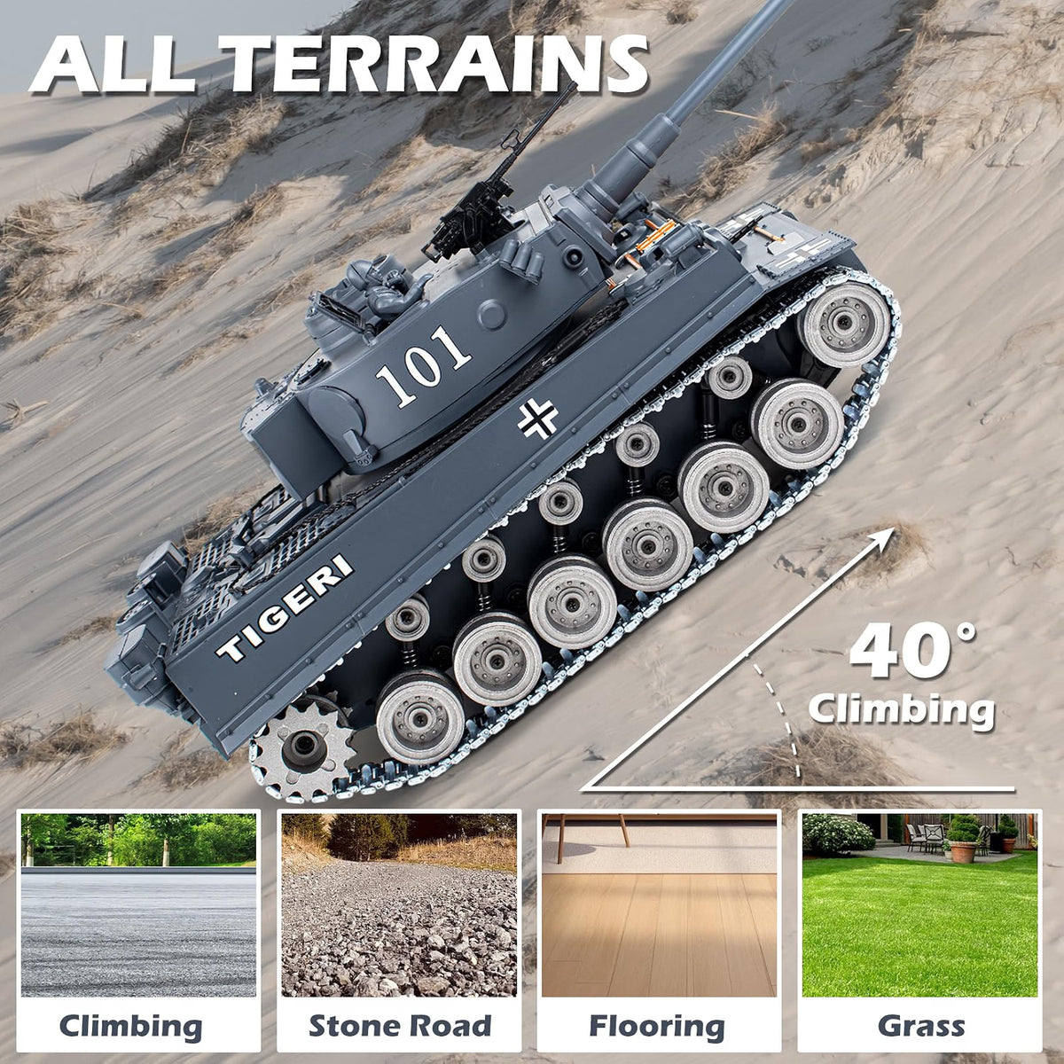 Supdex 1:18 RC Tiger I Military Tank, Alloy Metal Tracks & Wheels, 2.4GHz Remote Control Tank with Smoke, Sound & Lights, Rechargeable Toy Vehicle for Ages 8+, Grey