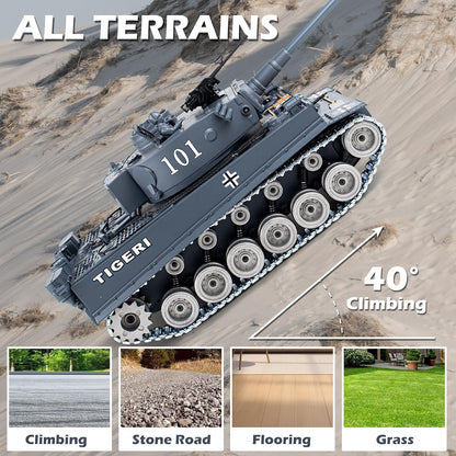 Supdex 1:18 RC Tiger I Military Tank, Alloy Metal Tracks & Wheels, 2.4GHz Remote Control Tank with Smoke, Sound & Lights, Rechargeable Toy Vehicle for Ages 8+, Grey