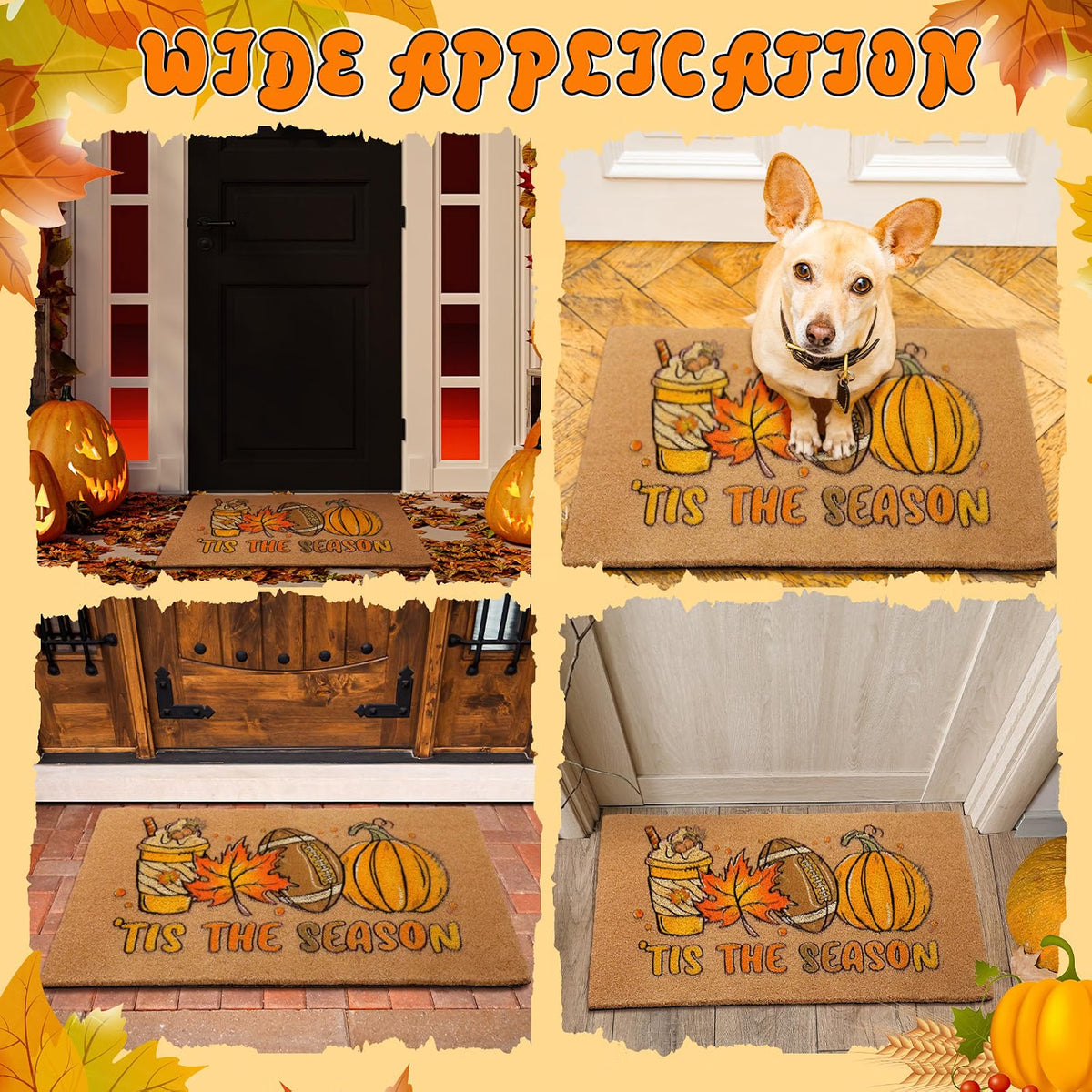 Tinideya Fall Football Door Mat, 29 x 17 Inch Outdoor Welcome Mat with Fall Leaves, Pumpkin & Football Design, Non-Slip PVC Backing, Brown