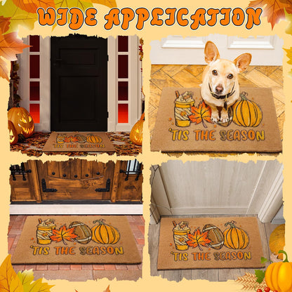 Tinideya Fall Football Door Mat, 29 x 17 Inch Outdoor Welcome Mat with Fall Leaves, Pumpkin & Football Design, Non-Slip PVC Backing, Brown