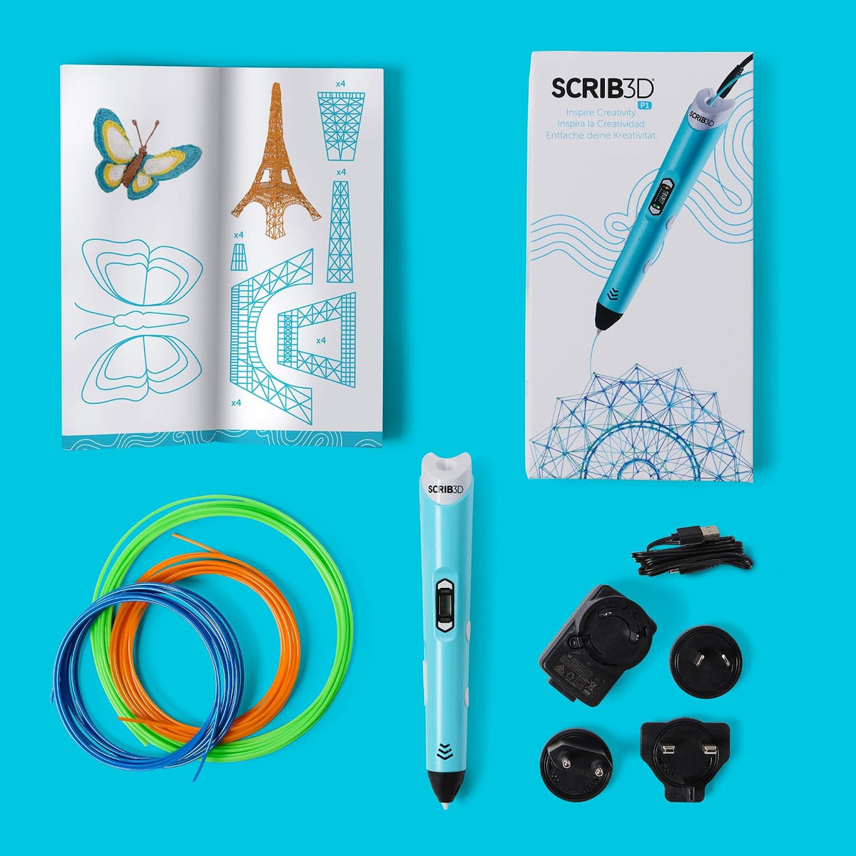 SCRIB3D P1 3D Printing Pen with Display, 3 Starter PLA Colors, Stencil Book & Project Guide, Adjustable Temperature & Stepless Speed Control, Blue White Black