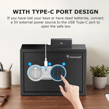 bonsaii SF002-N 0.6 Cu. Ft. Electronic Safe Box | Digital Keypad, Removable Shelf, Type-C Backup Power & Wall Mount