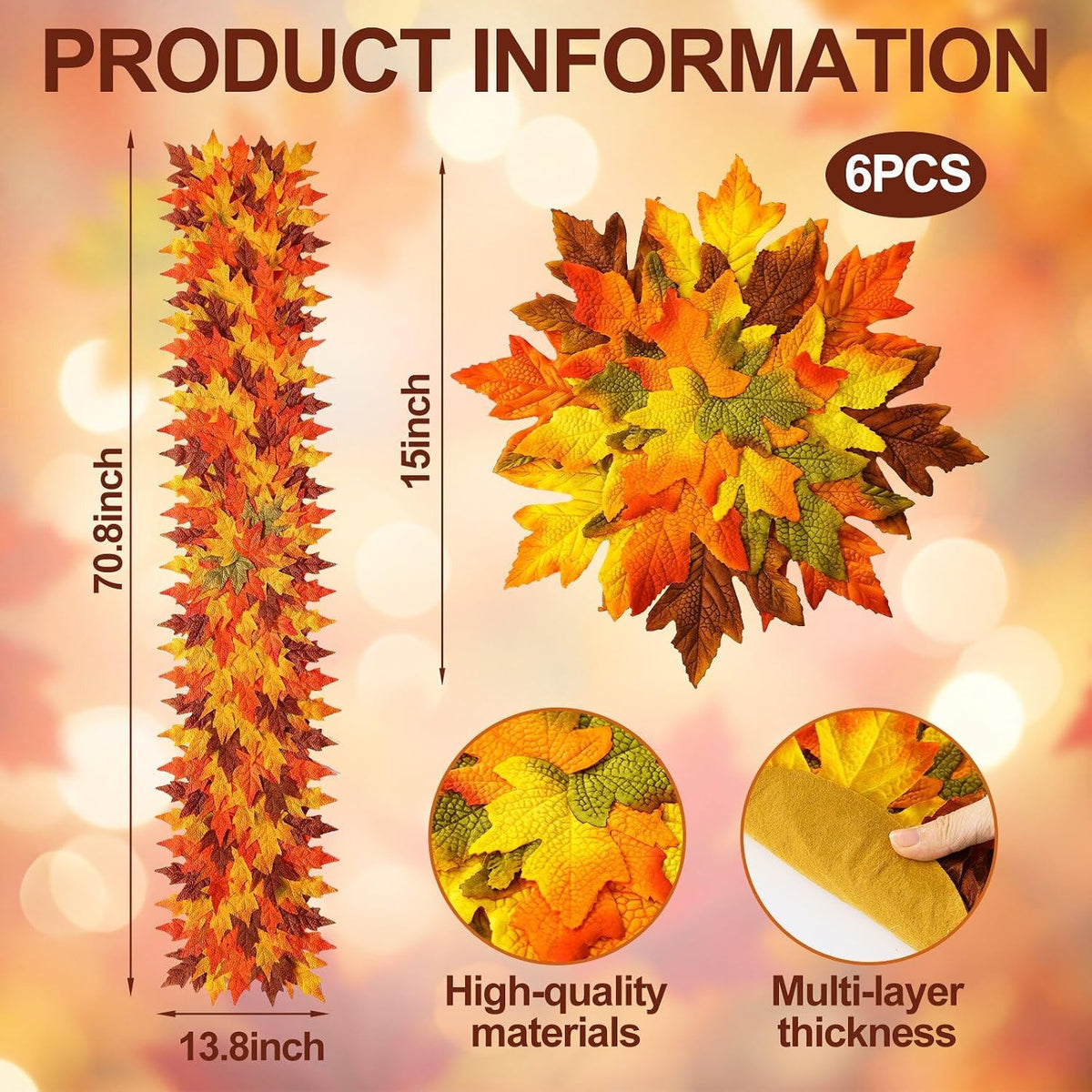 7 Pcs Fall Thanksgiving Maple Leaves Table Runner and Placemats Set 14 x 71'' 3D Multilayer Leaf Table Runner, 15'' Autumn Placemats Set of 6, Washable, for Home Fall Thanksgiving Table Decor
