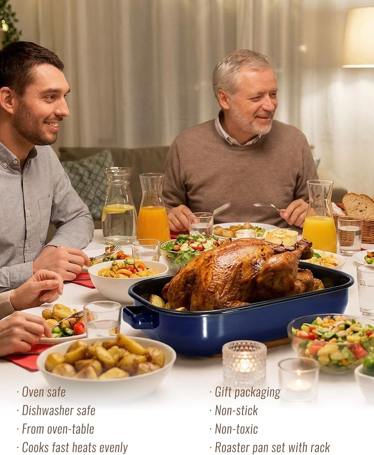 Enamel Turkey Roasting Pan with Rack Set, Casserole Dishes 14&17 Inch 6 Pieces Domed Lid Deep Oval Roasting Pan for Oven, Dishwasher Safe Non-Stick, Gift for Thanksgiving & Christmas Roaster Pot
