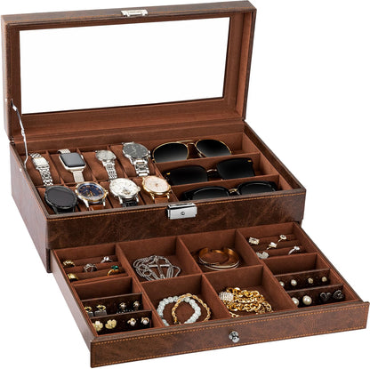 TomCare 2-Tier Watch Box, Large Watch & Jewelry Organizer with Glass Lid, Lockable Display Case with 8 Watch Slots, Glasses & Jewelry Compartments, Brown