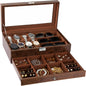 TomCare 2-Tier Watch Box, Large Watch & Jewelry Organizer with Glass Lid, Lockable Display Case with 8 Watch Slots, Glasses & Jewelry Compartments, Brown