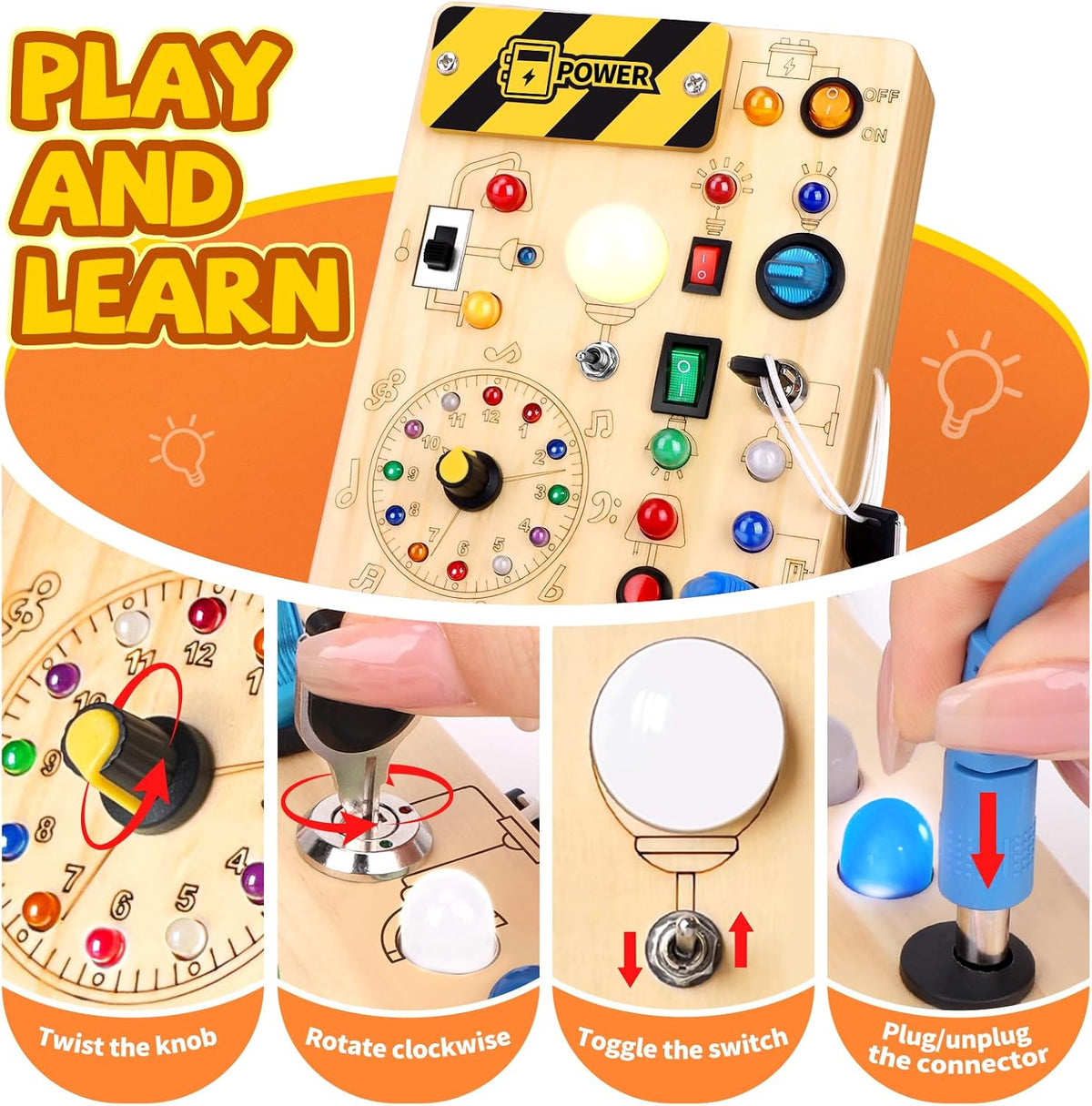 Grarain Montessori Busy Board for Toddlers Ages 1-3, Interactive Wooden Sensory Activity Board with 23 LED Lights, Clock & Alphabet Learning Toy, Travel-Friendly Educational Toy