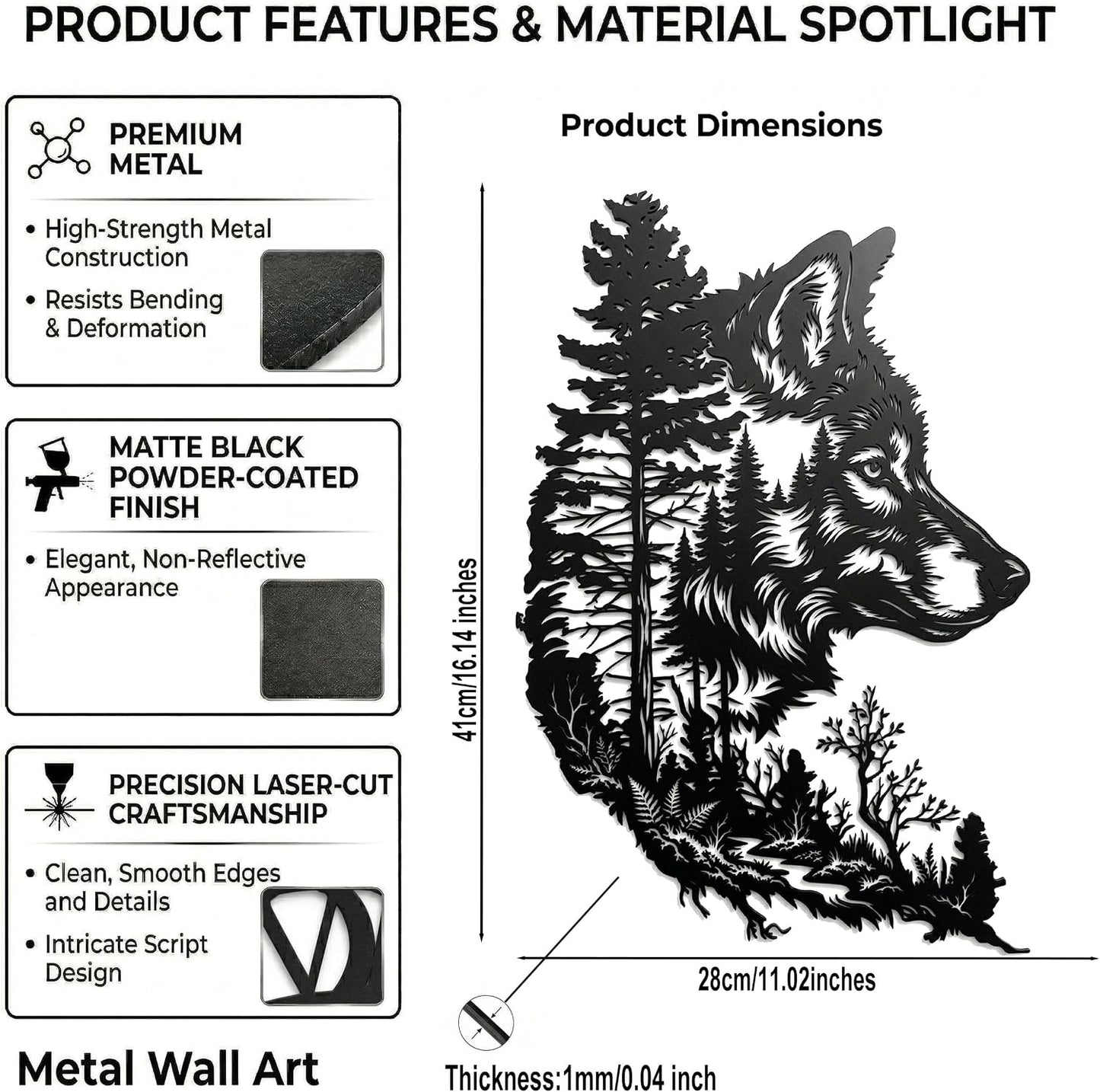 LPRVCH Wolf Metal Wall Art, Rustic Wolf Wall Decor, Black, 16.1 x 11 Inch