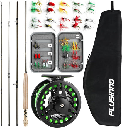 PLUSINNO Fly Fishing Rod and Reel Combo Kit, 9FT 5/6 Weight IM8 Graphite Fly Rod with Aluminum Reel, 2+1 Bearings, Floating Line, Flies & Carrier Case