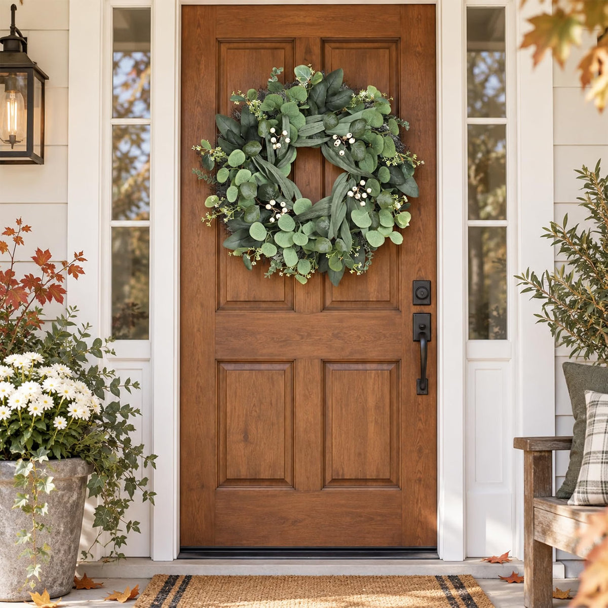HyperionFlo Essentials 24-Inch Artificial Eucalyptus Wreath for Front Door, Greenery with White Berries, Fall & Year-Round Home Decor