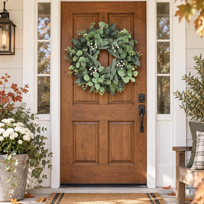 HyperionFlo Essentials 24-Inch Artificial Eucalyptus Wreath for Front Door, Greenery with White Berries, Fall & Year-Round Home Decor