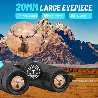 Tinllaans 15x55 UHD Binoculars with Phone Adapter, High-Powered BAK4 Prism Binoculars, 8° Wide Angle, IPX7 Waterproof & Fogproof, Fully Multi-Coated, Blue