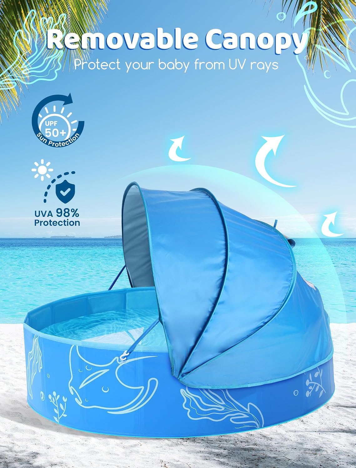 Foldable Kiddie Pool with Canopy 47" x 47" x 12", Portable Baby and Toddler Swimming Pool with Removable Sunshade, Round Water Play Pool for Kids and Dogs, Backyard Beach Pool, Blue