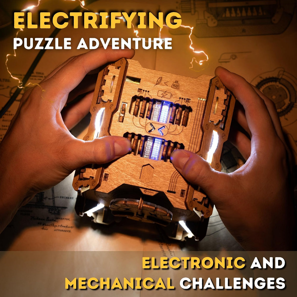 PUZZLE POTATO Tesla Box, Self-Powered Electronic Wooden Puzzle Box, 5/5 Difficulty Escape Room Brain Teaser with 256 Parts & 38 Magnets, Resettable Puzzle for Adults 14+
