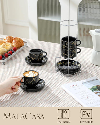MALACASA Porcelain Espresso Cups Set of 4, with Saucers and Metal Stand, 4 Ounce Stackable Cappuccino Cups, Expresso Shots Cup Ceramic Demitasse Mugs, Marble Black