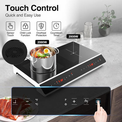 GIHETKUT Double Induction Cooktop, 4000W 2 burner Induction cooktop with LED Touch Screen 9 Levels Settings with Child Safety Lock & Timer 110V Electric burner with hot plate