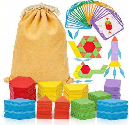 LovesTown 209 PCS Wooden Pattern Blocks for Kids, Geometric Shapes with 24 Activity Cards & Storage Bag, Educational STEM Tangram Puzzle Set