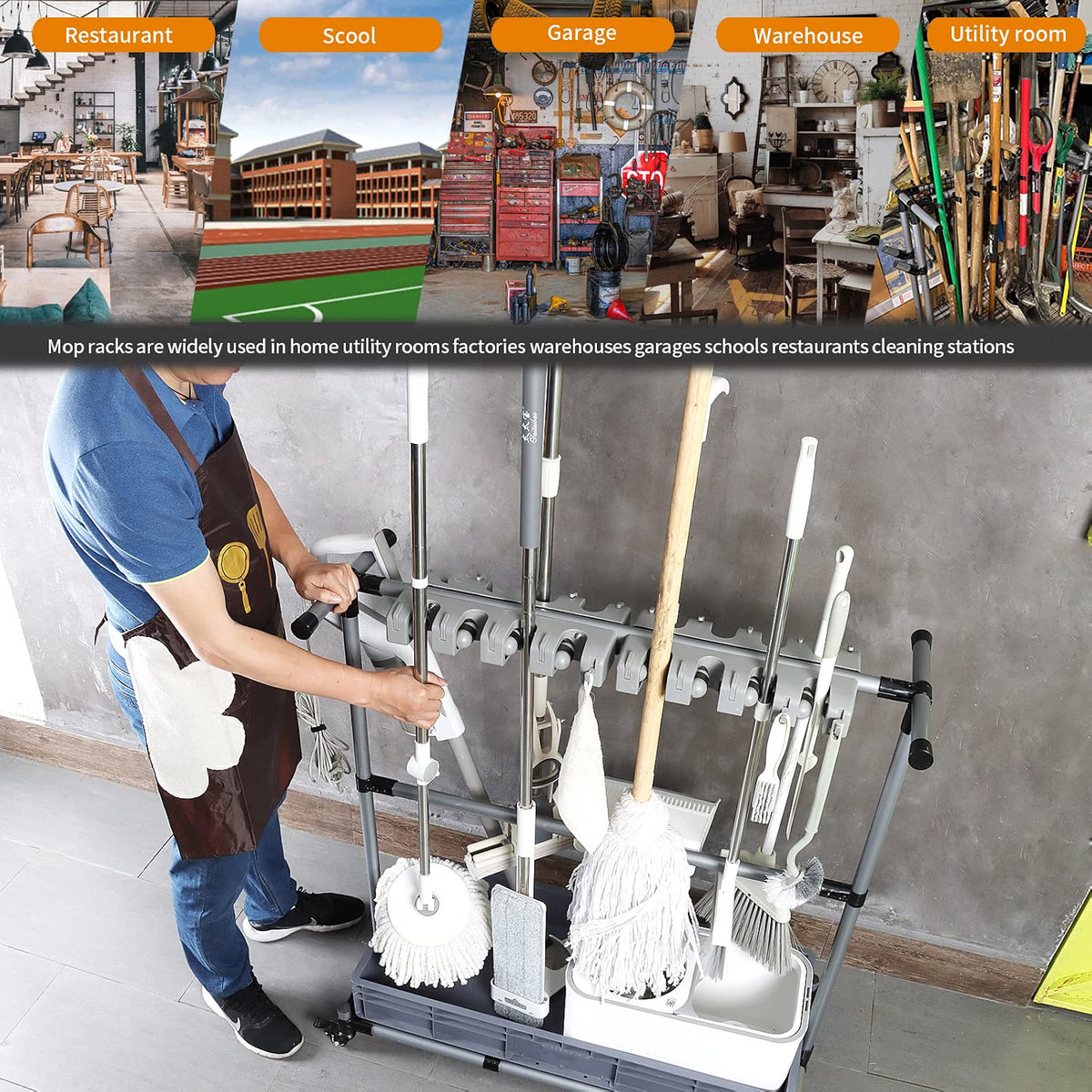 HyperionFlo Essentials Multifunctional Cleaning Cart and Tool Organizer, Broom & Mop Holder with 16 Long-Handle Tool Capacity, Portable Floor Cart, Silver