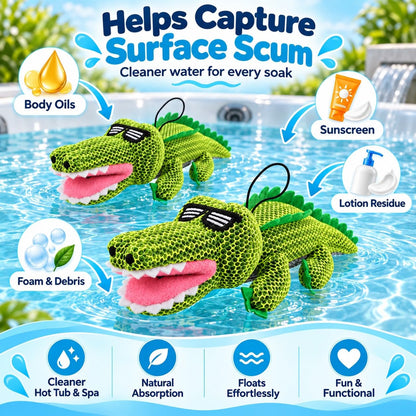 Crocodile Hot Tub Scum Absorber, 2-Pack Reusable Washable Spa Sponge for Oil & Scum Removal, Floating Hot Tub Pool Cleaner with Suction Cup & Rope, Cute Crocodile Design