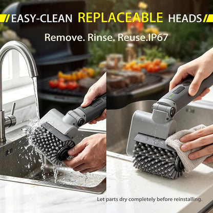 HyperionFlo Essentials Electric Grill Brush, 58W 3-Speed Cordless Grill Cleaner with 5200mAh Rechargeable Battery, 3 Replaceable Heads, Gray