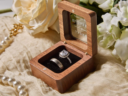MUUJEE Custom Walnut Ring Bearer Box with Glass Lid, Double Flip 2-Compartment Ring Box with Velvet Interior, Personalized Wedding & Engagement Ring Holder, Custom 2