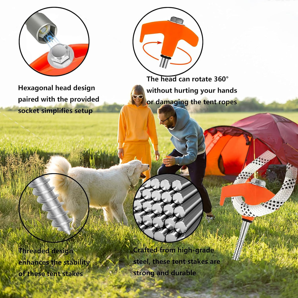 x-vesolje 8-Inch Heavy Duty Screw-In Tent Stakes, 12-Pack Drill-In Ground Anchors with Hex Socket & Storage Case, Galvanized Metal Tent Pegs for Camping, Canopies & Outdoor Inflatables, Orange