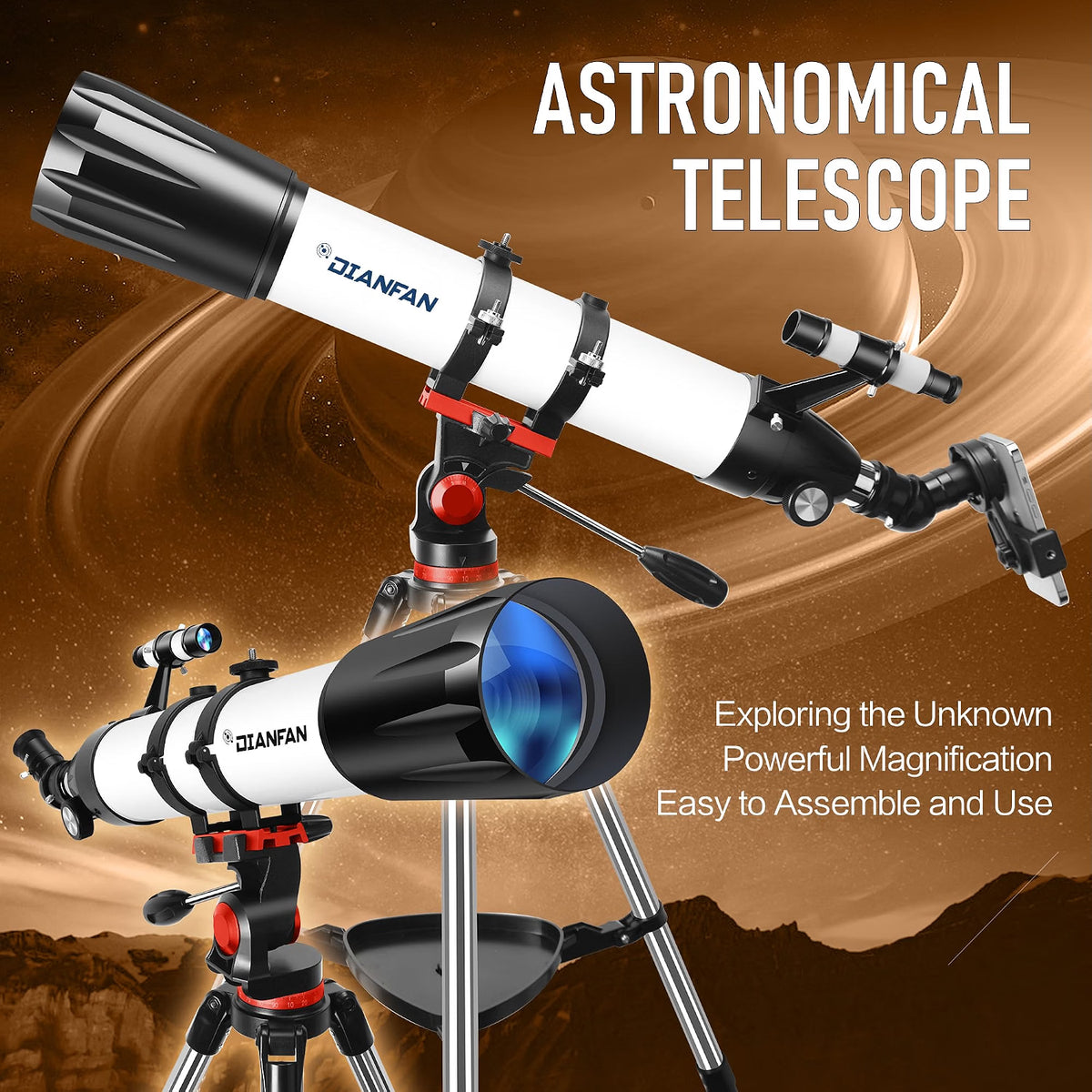 Dianfan 90mm Aperture 800mm Telescope, 32×–240× High-Powered Refractor Telescope for Adults & Beginners with Stainless Steel Tripod, Phone Adapter & Carry Bag