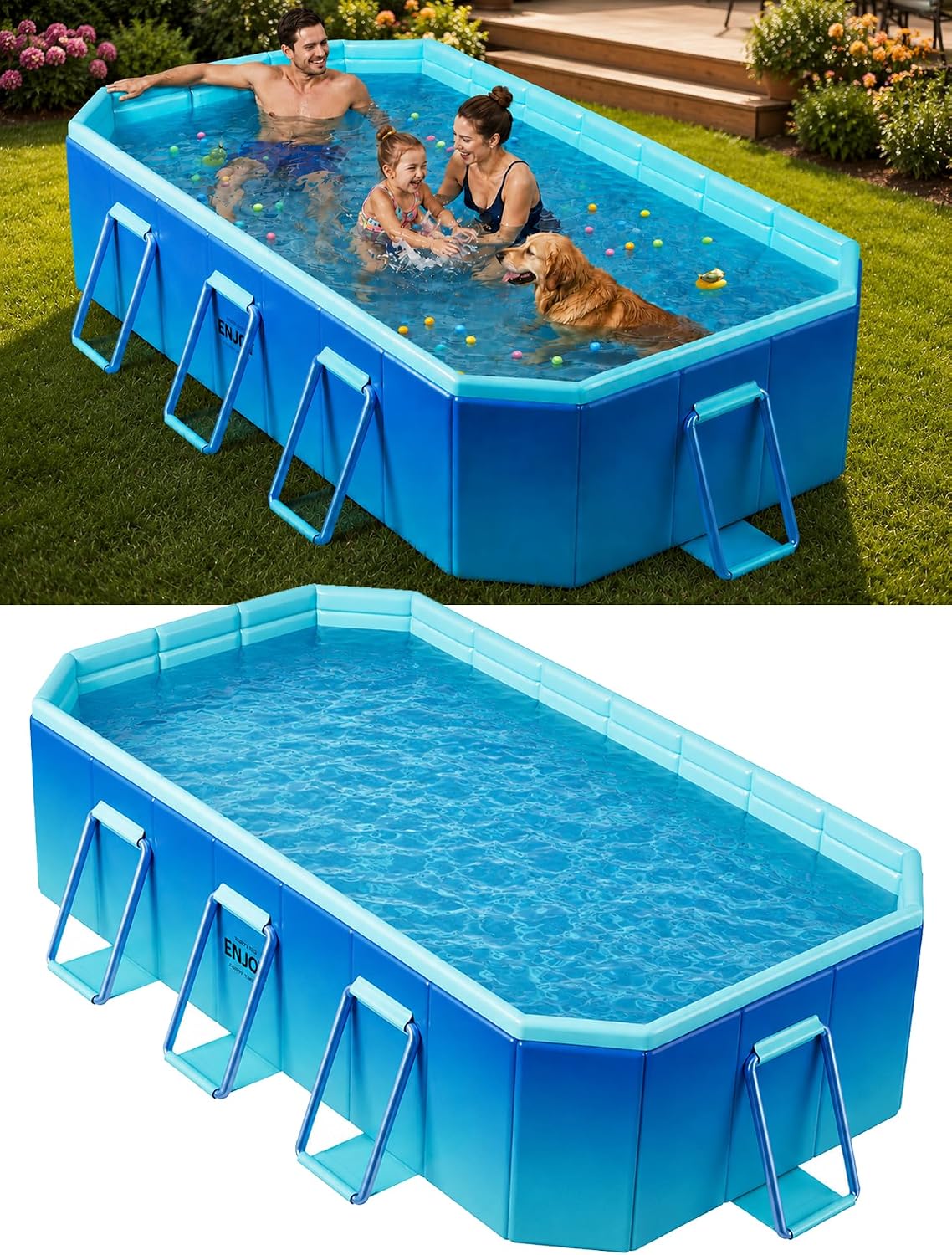 Foldable Swimming Pool, Non-Inflatable 116" x 65" x 20", Large Rectangular Above Ground Pool with 3 Drain Outlets, Portable Family Pool for Backyard & Garden, Blue