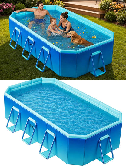 Foldable Swimming Pool, Non-Inflatable 116" x 65" x 20", Large Rectangular Above Ground Pool with 3 Drain Outlets, Portable Family Pool for Backyard & Garden, Blue