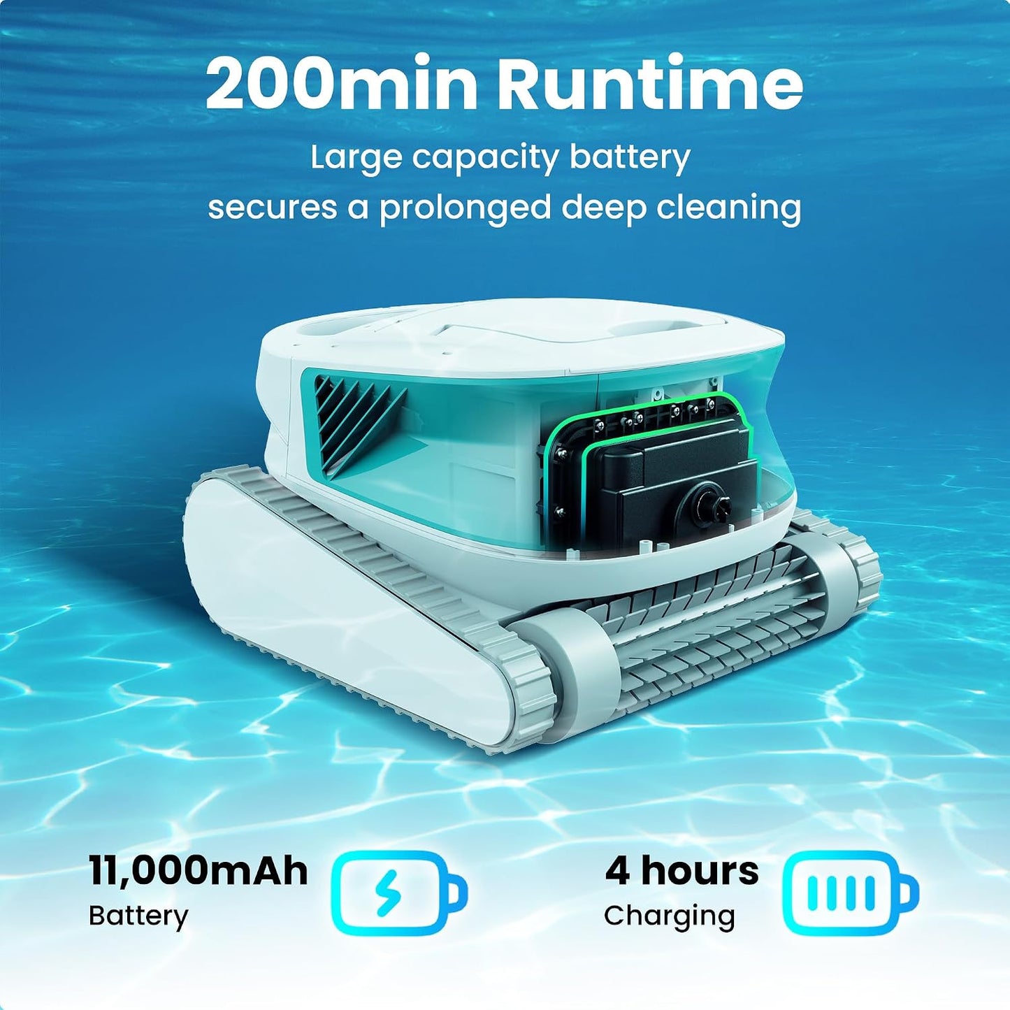 Hydro 3 Cordless Pool Vacuum, 5070 GPH Robotic Pool Cleaner with 200-Minute Runtime, Wall-to-Waterline Cleaning, 4.1L Filter Basket for Above Ground Pools, Green