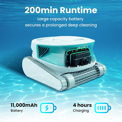 Hydro 3 Cordless Pool Vacuum, 5070 GPH Robotic Pool Cleaner with 200-Minute Runtime, Wall-to-Waterline Cleaning, 4.1L Filter Basket for Above Ground Pools, Green