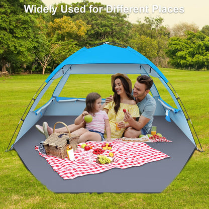 Gorich Beach Tent Sun Shelter for 3–4 Person, UPF 50+ UV Protection, Portable Beach Shade Canopy with Fiberglass Frame, Mesh Windows & Carrying Bag, Blue