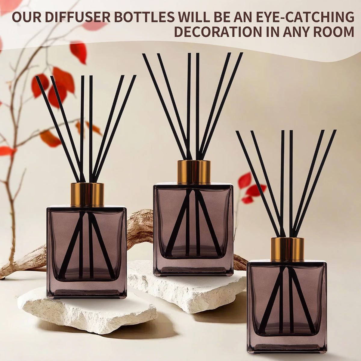 HyperionFlo Essentials 6-Pack Reed Diffuser Bottles, 200 ml Brown Glass Jars with Gold Caps & Black Sticks, Empty DIY Fragrance Containers