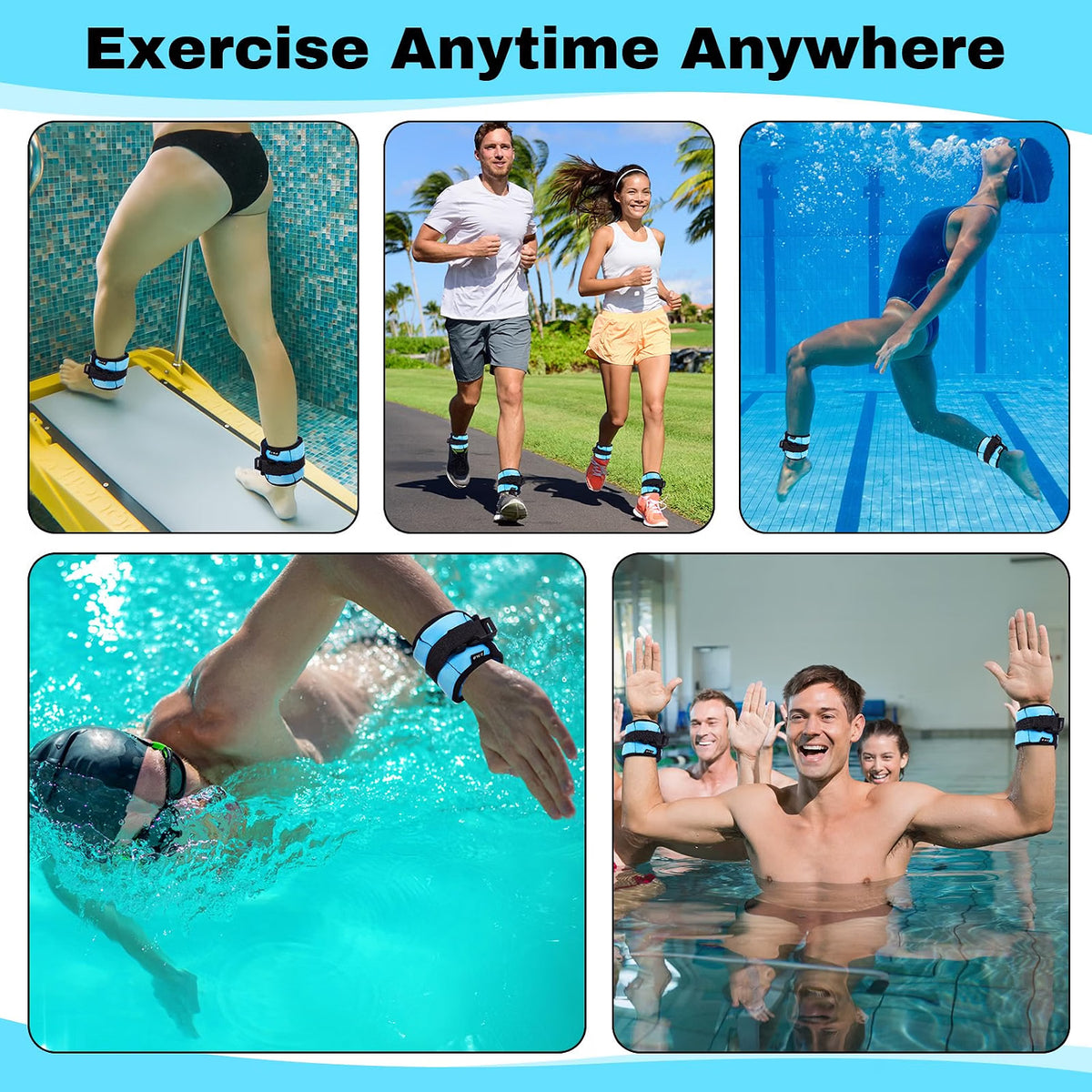 Hollowfly 2-Pair Ankle & Wrist Weights, 2.5 lb Aqua Cuffs for Land & Water Exercise, Adjustable Neoprene Wrist and Ankle Weights, Blue