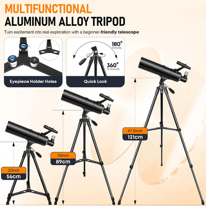 Feicosky 90mm Aperture 600mm Refractor Telescope for Adults & Kids, 24X–180X High Power Astronomy Telescope with Adjustable Tripod, Folding Stool, Phone Adapter & Carry Bag