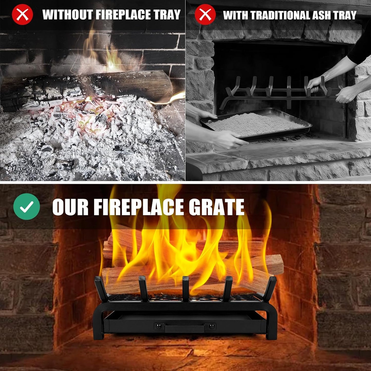 17 Inch Fireplace Grate with Ember & Ash Trays Pan Wood Stove Log Grates Set, Heavy Duty, Rack Holder Pit, Indoor Outdoor, Chimney Hearth