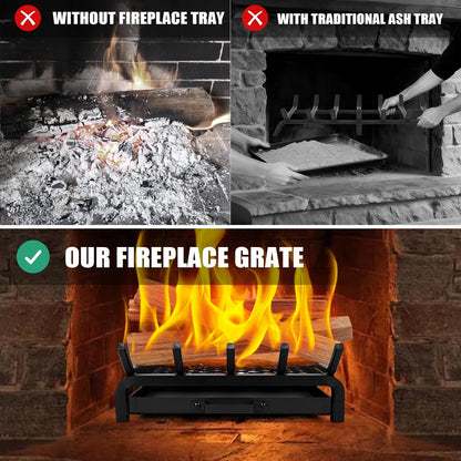17 Inch Fireplace Grate with Ember & Ash Trays Pan Wood Stove Log Grates Set, Heavy Duty, Rack Holder Pit, Indoor Outdoor, Chimney Hearth