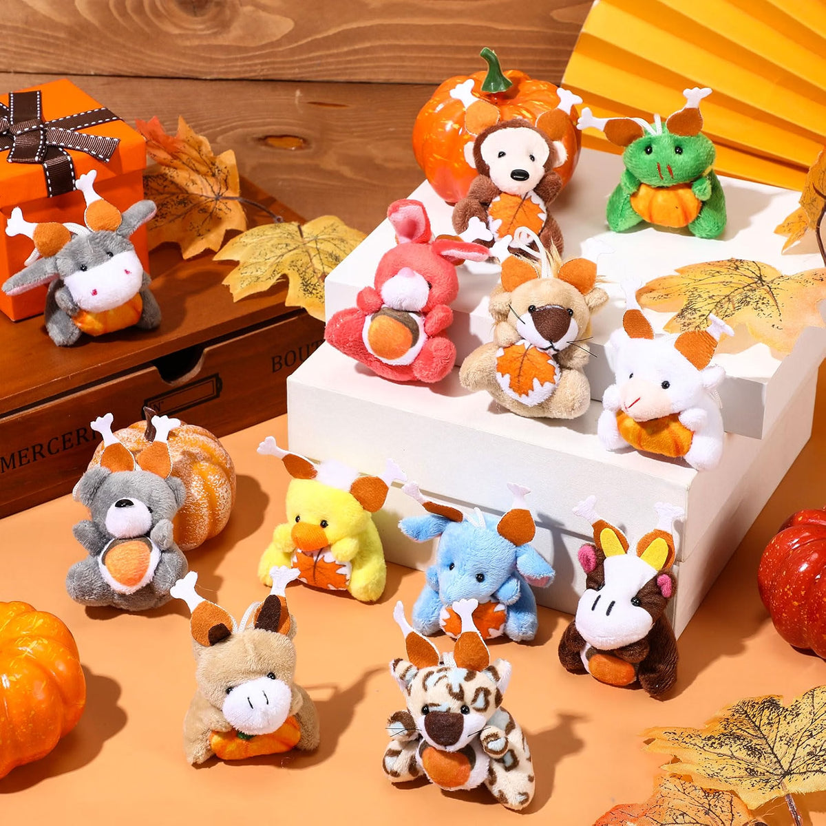 Blueweenly 24-Piece Mini Thanksgiving Stuffed Animal Bulk Set, 12 Fall Animal Designs, Small Plush Keychain Ornaments for Party Favors, Gifts & Fall Decorations
