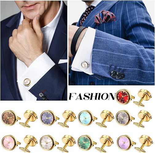 Avaner Men's Clip Cufflink Watches, 2-Pack Analog Quartz Pocket Watches with Roman Numerals, Japanese Quartz Movement, Gold & Silver Bezel, Black Band