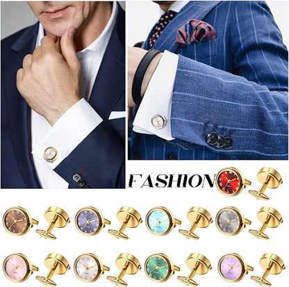Avaner Men's Clip Cufflink Watches, 2-Pack Analog Quartz Pocket Watches with Roman Numerals, Japanese Quartz Movement, Gold & Silver Bezel, Black Band