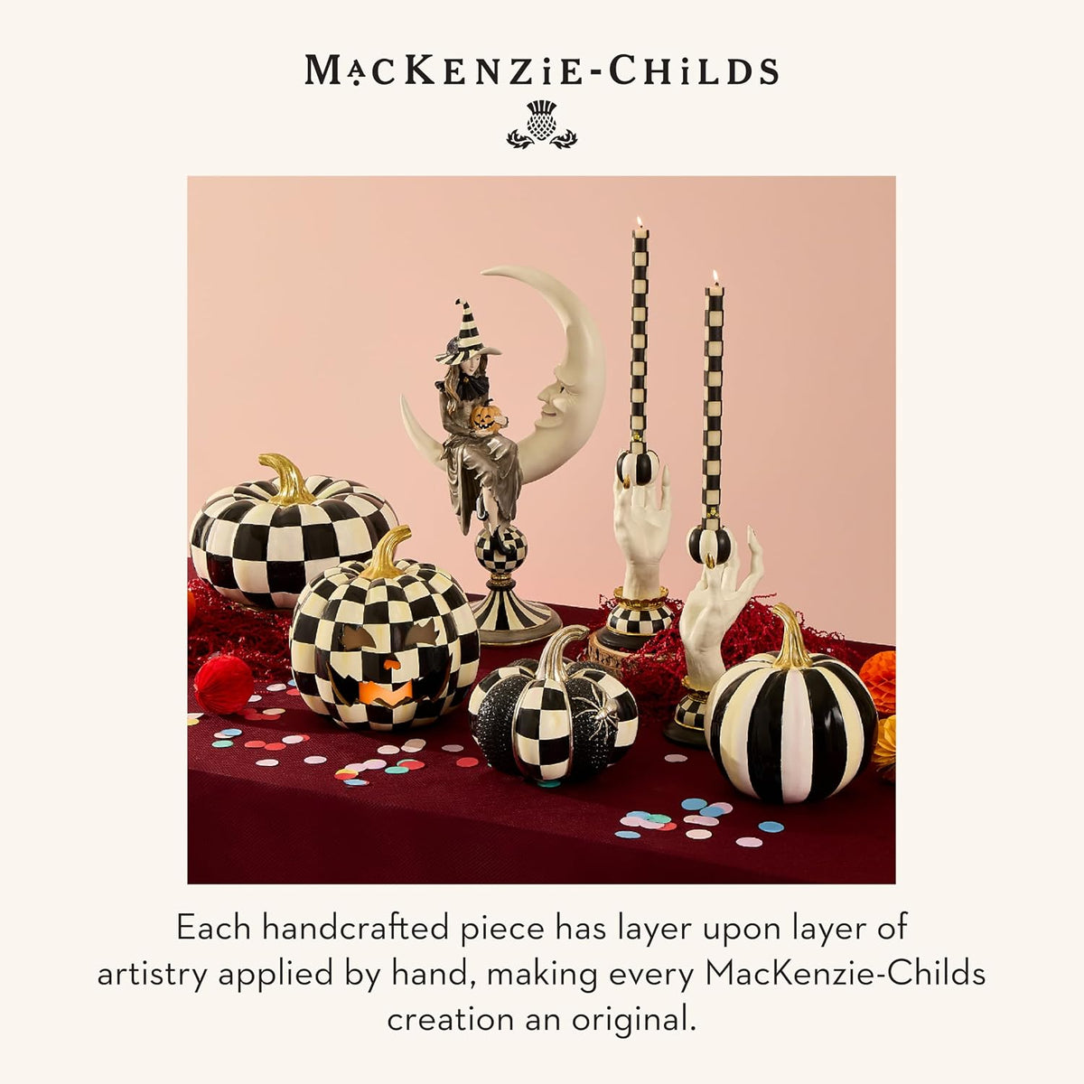 MACKENZIE-CHILDS Resin Haunted House Spooky Hand Candle Holder Set Hand-painted design, decorative fall and Halloween home decor, fits dinner candles, 5.25" W x 10" H, set of 2