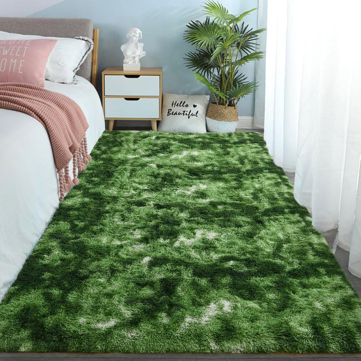 DweIke Fluffy Dark Green Rugs for Bedroom Living Room, 6x9 Large Soft Plush Shaggy Tie-Dyed Forest Moss Green Girls Boys Kids Rug, Non-Slip and Machine Washable Carpet for Dorm Nursery Decor