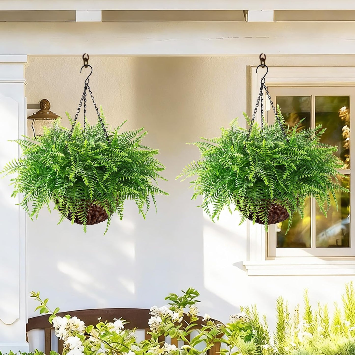 Waipfaru 2 Pack Fake Hanging Fern Plants Outdoor - Green UV Resistant Artificial Outdoor Hanging Plants, Realistic Faux Greenery Fern for Patio Front Porch Garden Home Decor