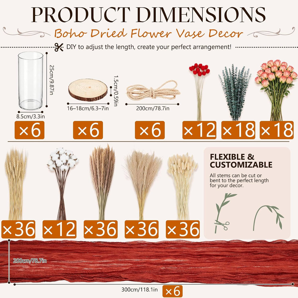 Irenare 6 Set Dried Pampas Grass Centerpiece with 6 Glass Vase Table Runner Bouquet for Wedding Decor, Boho Farmhouse Table Centerpieces, Bridal Party Decoration or Fall Wedding Home Rustic Decor