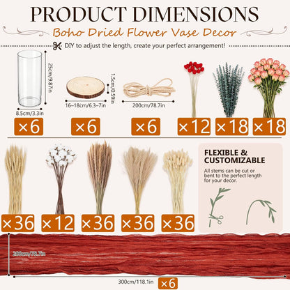 Irenare 6 Set Dried Pampas Grass Centerpiece with 6 Glass Vase Table Runner Bouquet for Wedding Decor, Boho Farmhouse Table Centerpieces, Bridal Party Decoration or Fall Wedding Home Rustic Decor
