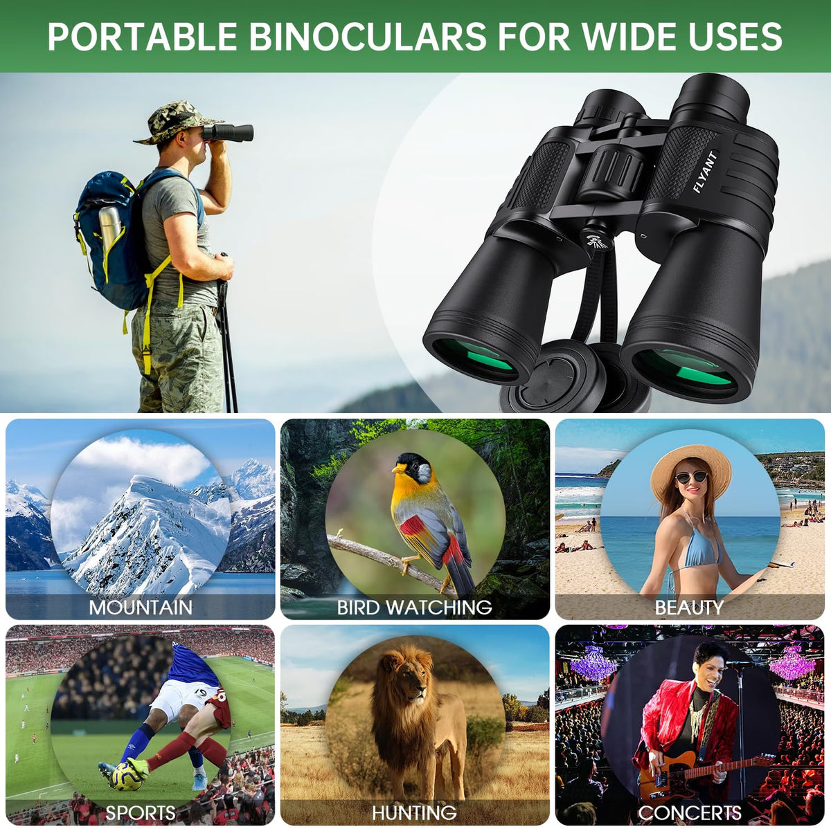FLYANT 20x50 High Powered Binoculars for Adults, Waterproof Compact Binoculars with Low Light Vision, BAK4 Porro Prism & FMC Coated Lenses for Bird Watching, Camping, Hiking, Travel & Stargazing